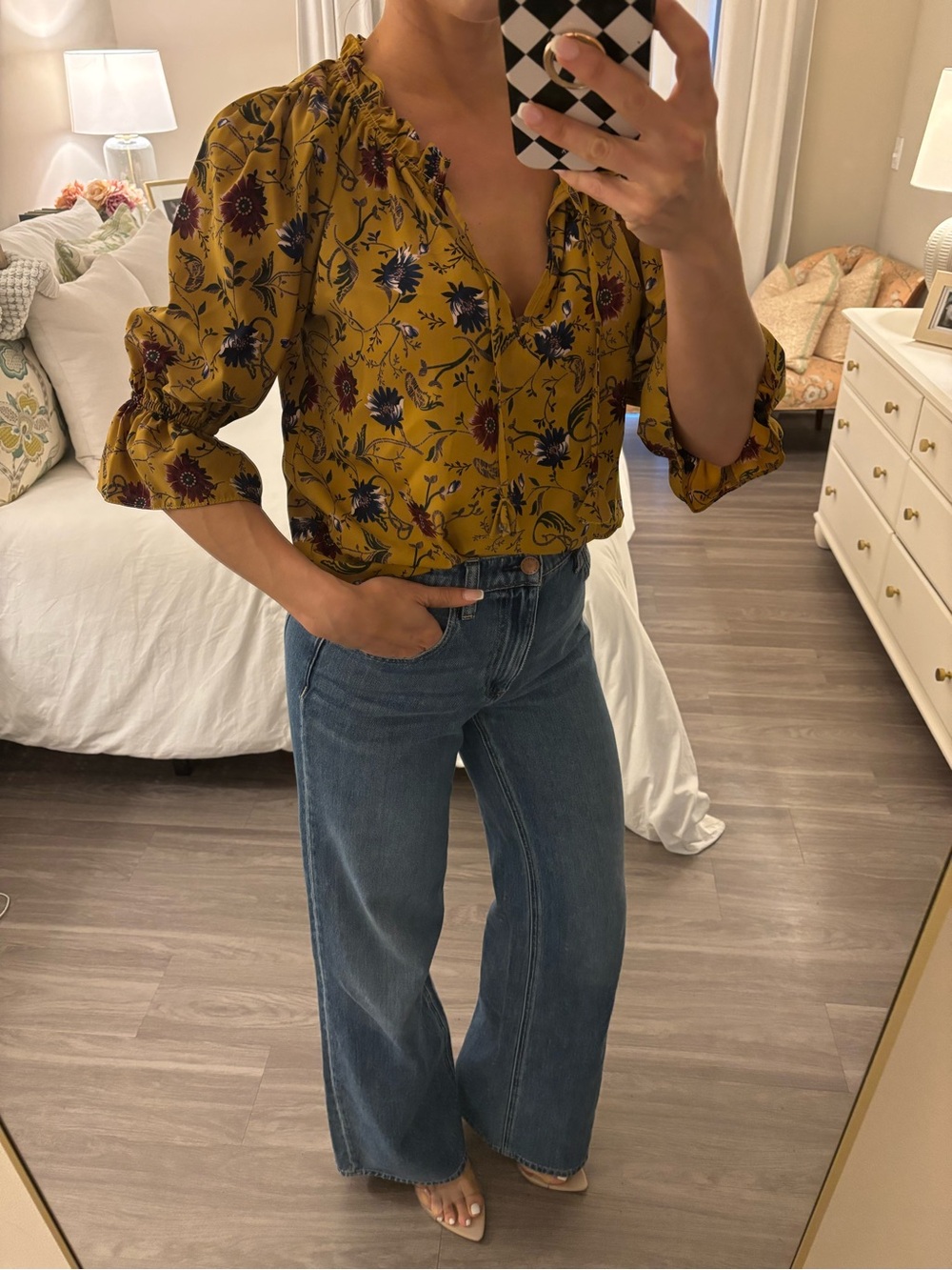 MISA Los Angeles Mustard Floral Tie-Neck Blouse Sz S
